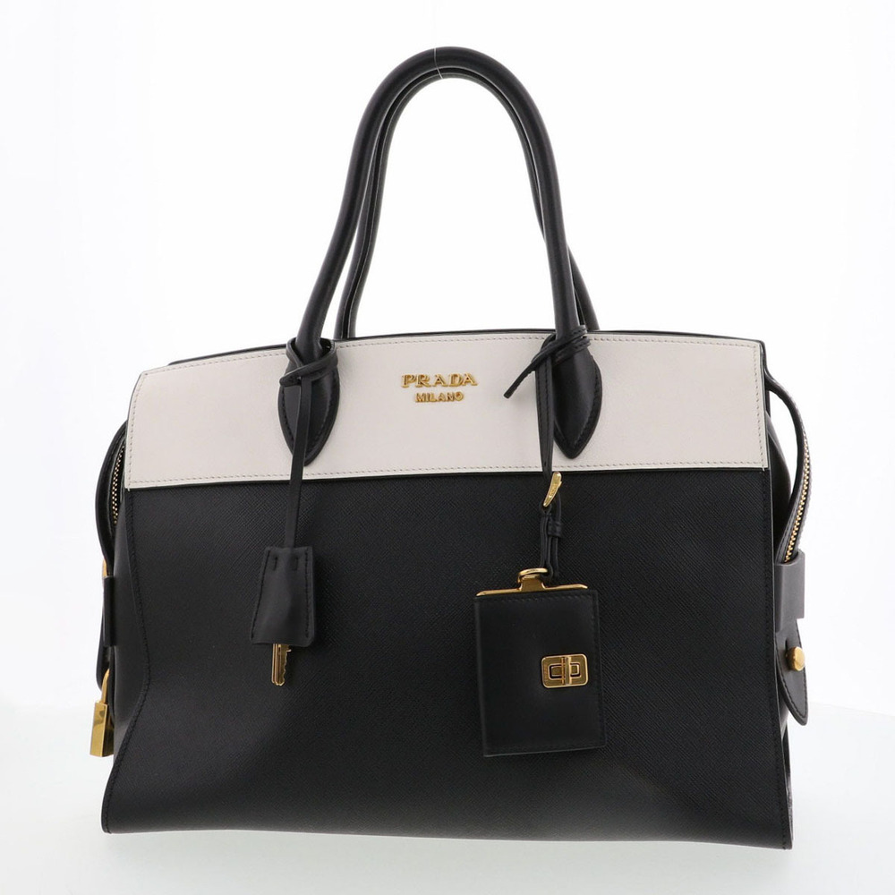 PRADA Esplanade Bicolor Handbag Leather Black White